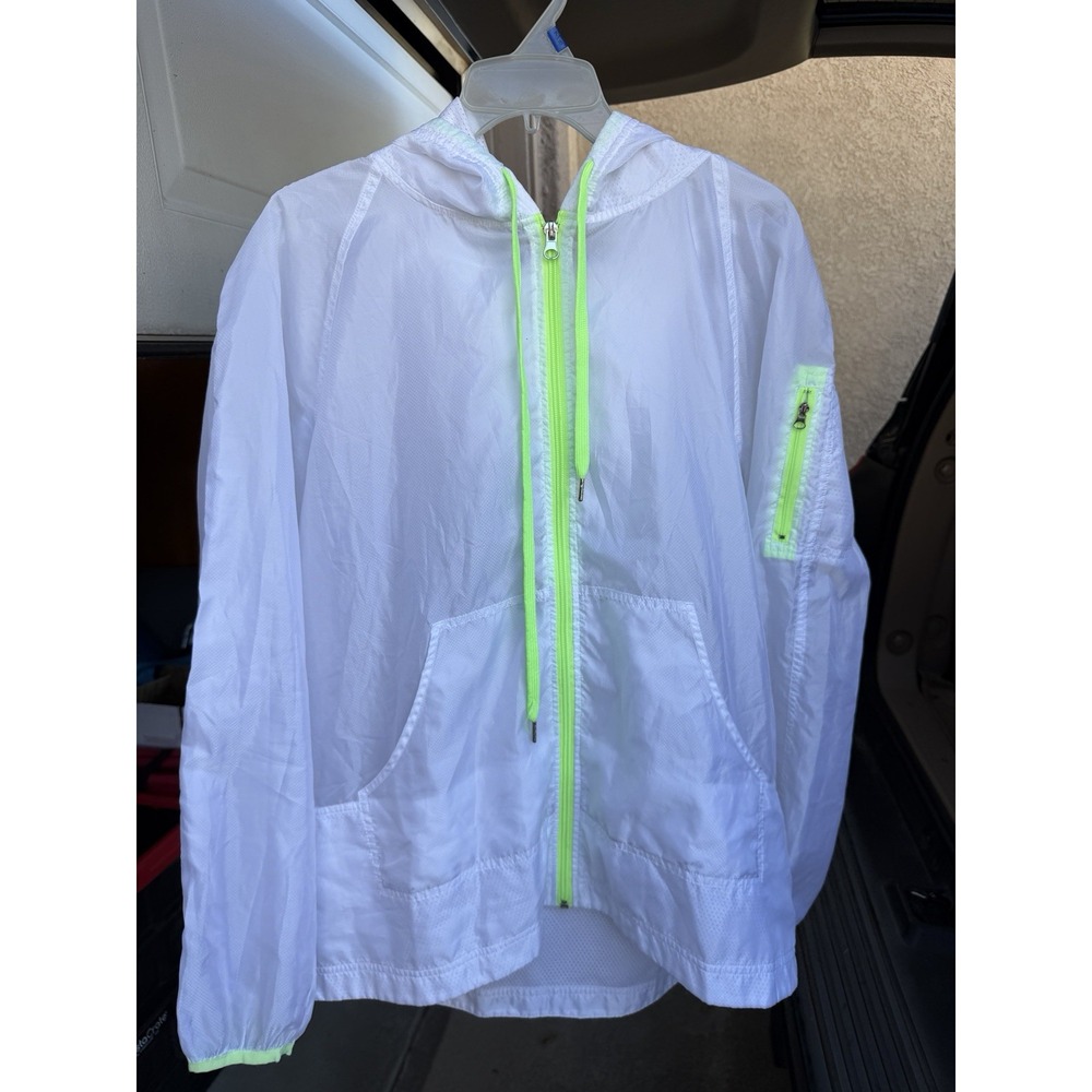 FOREVER 21 Women's White Hooded Windbreaker Jacket Neon Green Zip Mesh L
